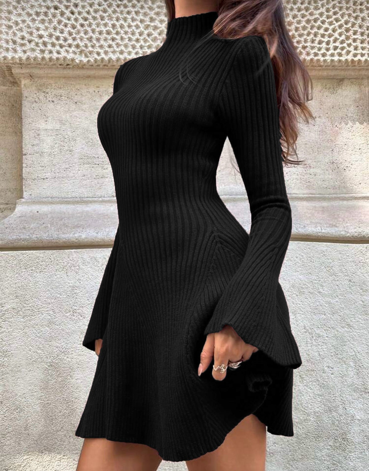 ZEYA - Anna Bell Sleeve Ribbed Knit Sweater Dress