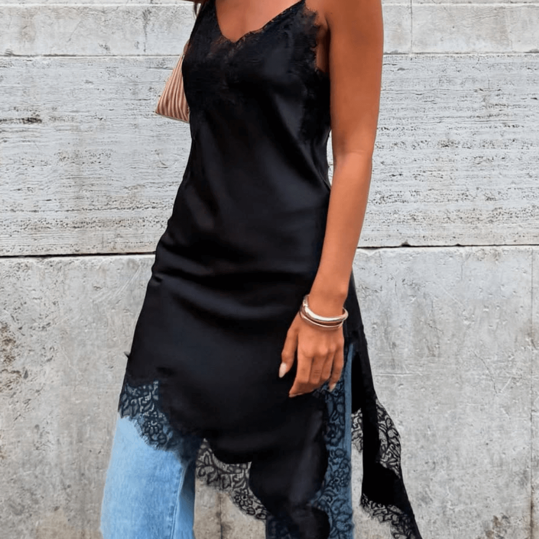 ZEYA - Chiara Asymmetric Satin Lace Midi Dress