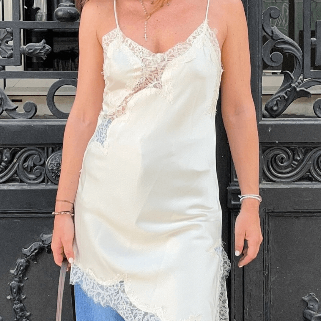 ZEYA - Chiara Asymmetric Satin Lace Midi Dress