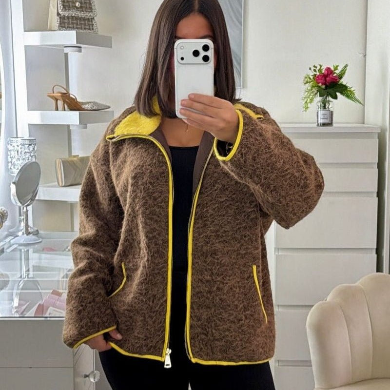 ZEYA - Chloe Stand Collar Contrast Knit Pilot Jacket
