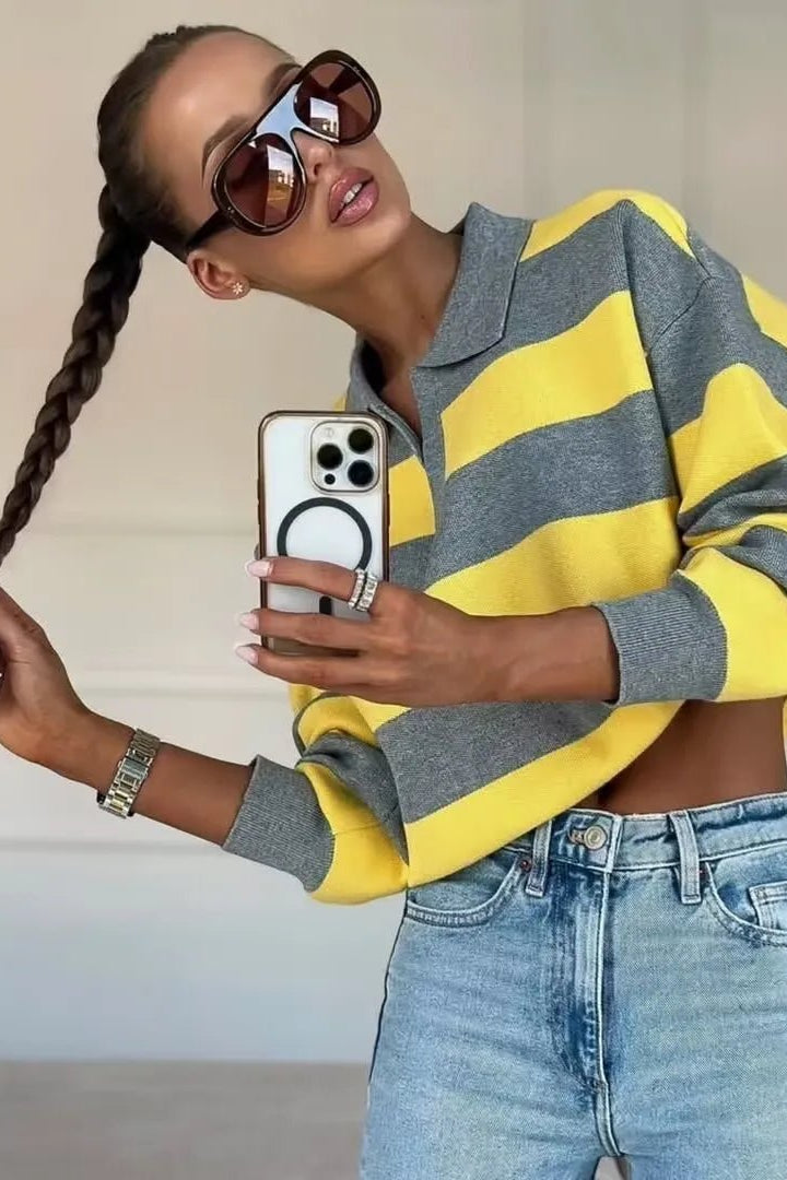ZEYA - Elena Striped Knit Polo Sweater