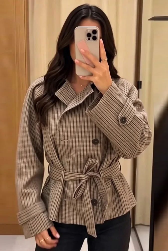 ZEYA - Fiona Plaid Funnel Collar Trench Coat