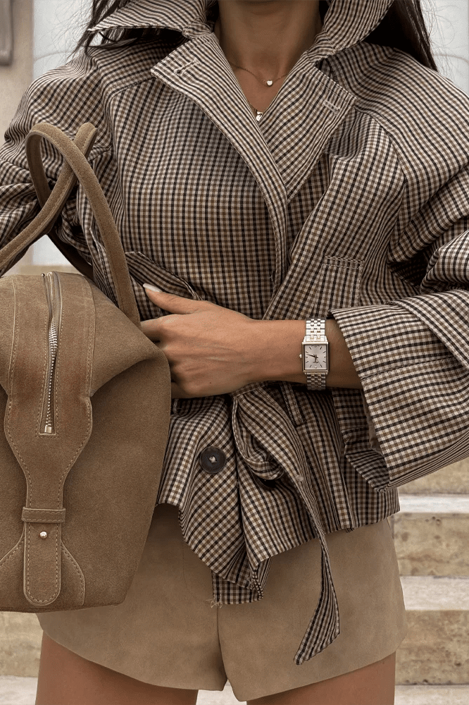 ZEYA - Fiona Plaid Funnel Collar Trench Coat