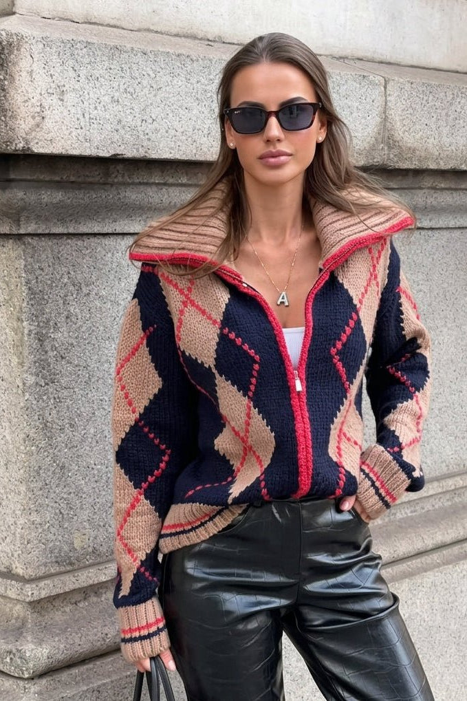 ZEYA - Lara Argyle Ribbed Knit Zip-Up Cardigan