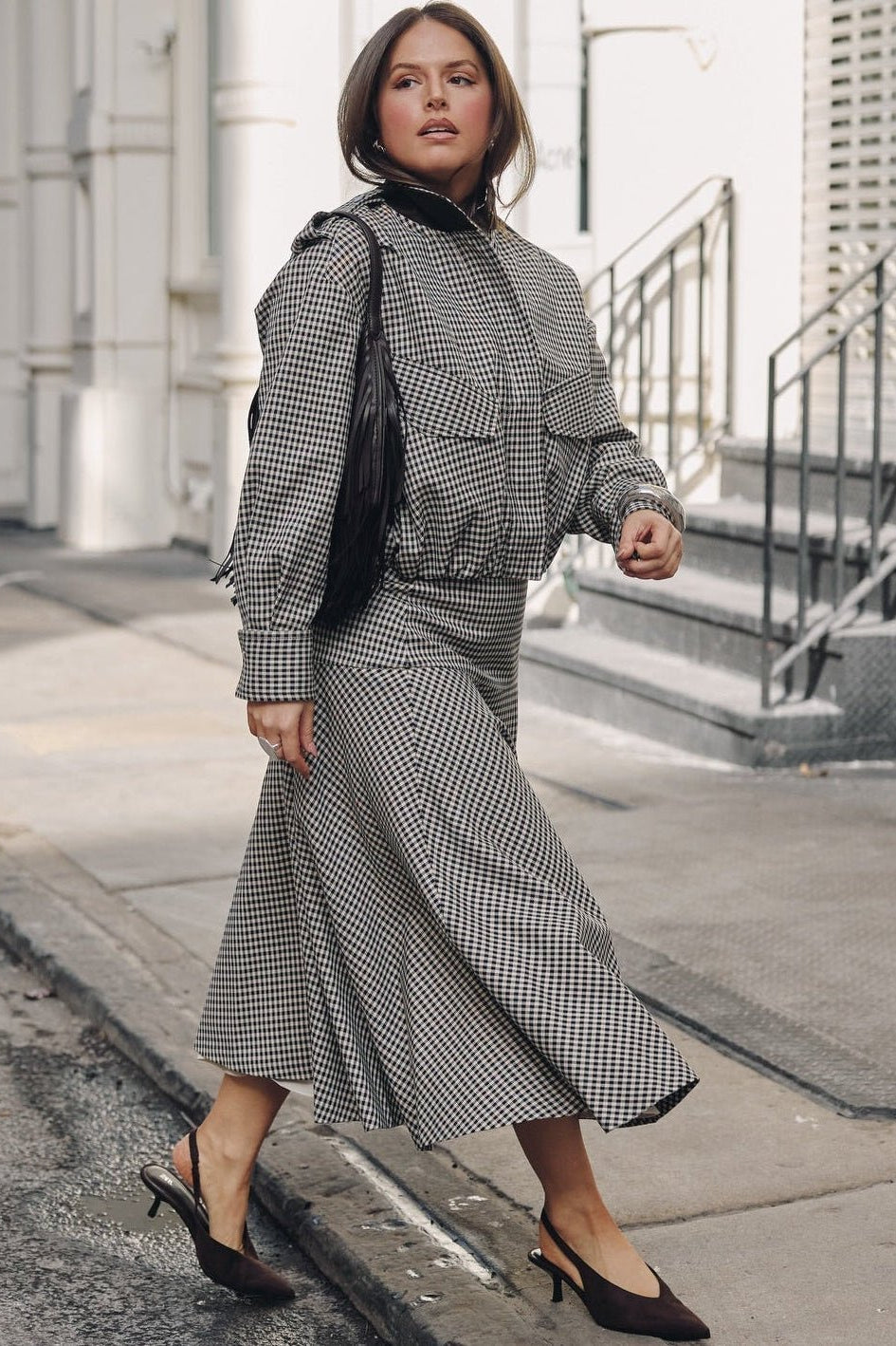 ZEYA - Lisa High Neck Checked Bomber Jacket