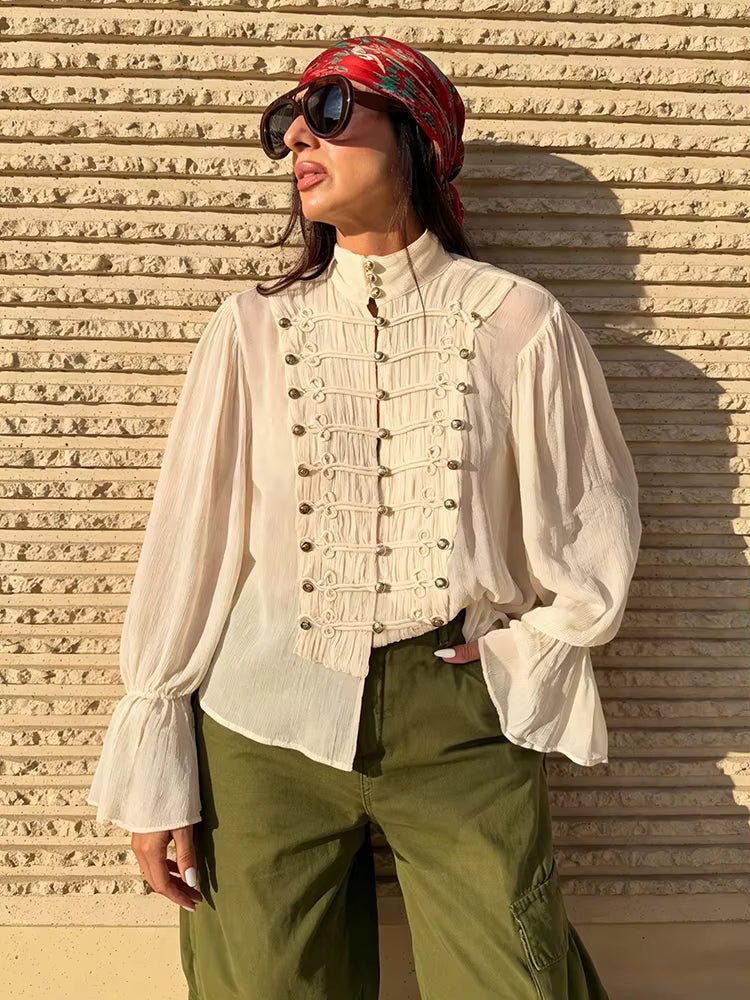 ZEYA - Miranda Vintage Stand Collar Frog Button Blouse