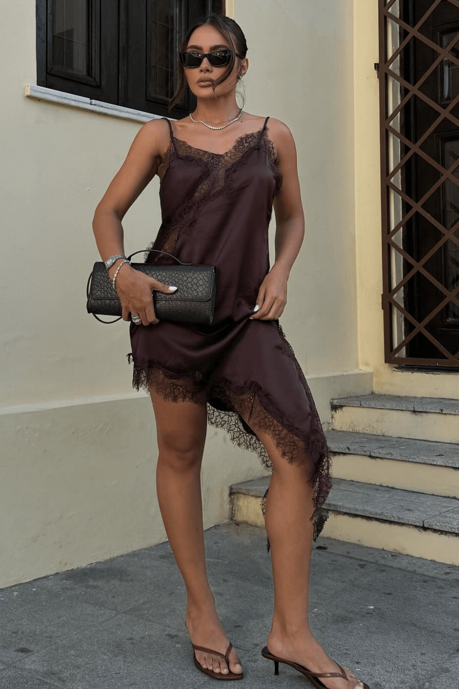 ZEYA - Sophia Asymmetric Satin Lace Midi Dress