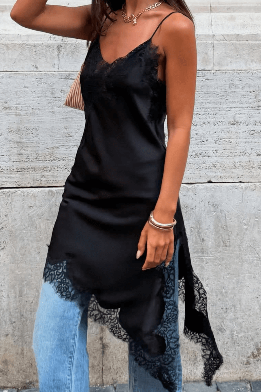 ZEYA - Sophia Asymmetric Satin Lace Midi Dress