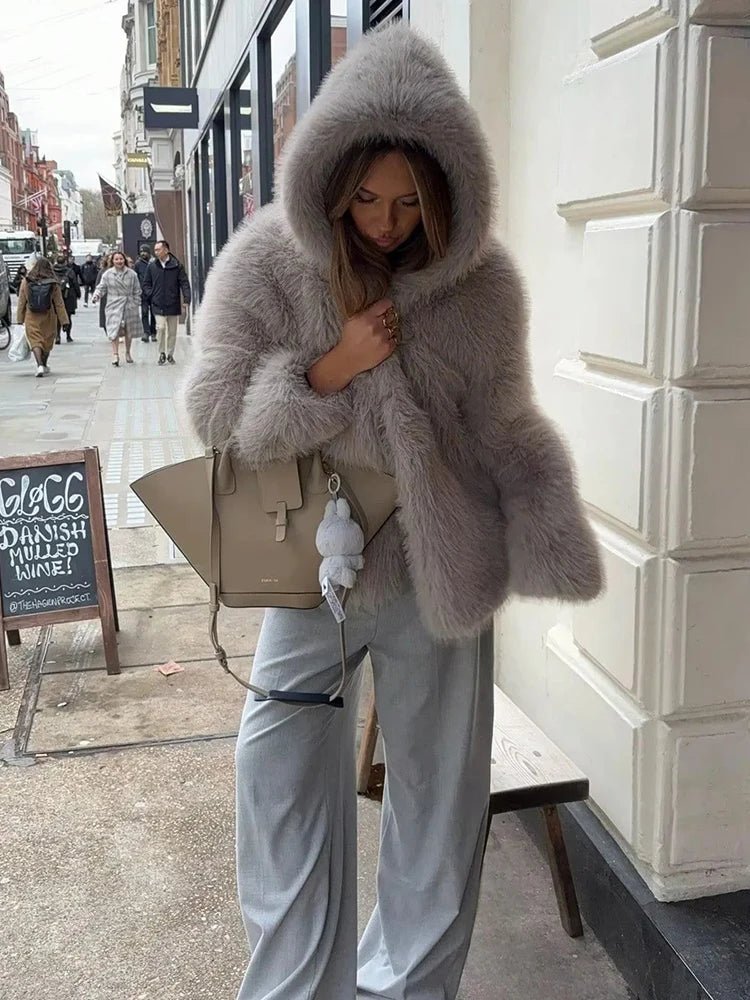 Dana Faux Fur Hooded Women's Jacket - Light Gray Winter Coat for Women 3