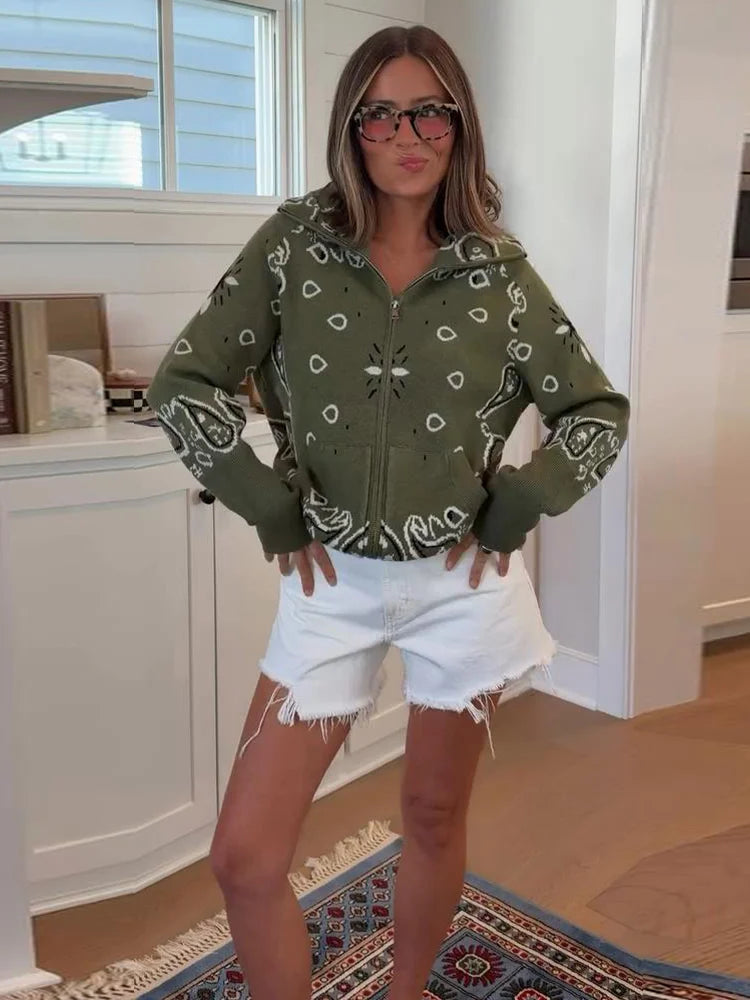 Melanie Veste tricot zippée motif cachemire