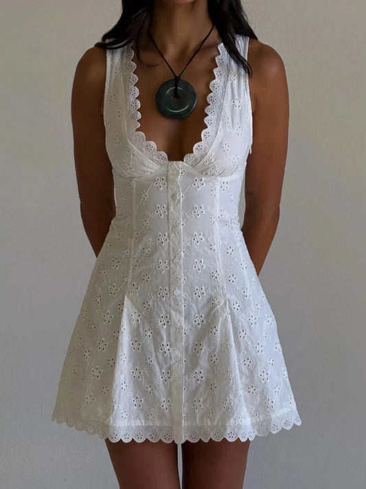 Womens Summer Dress - Frenchy V-Neck Mini Dress with Scalloped Edging and Button-Down Closure, Available in Sizes S, M, L 0