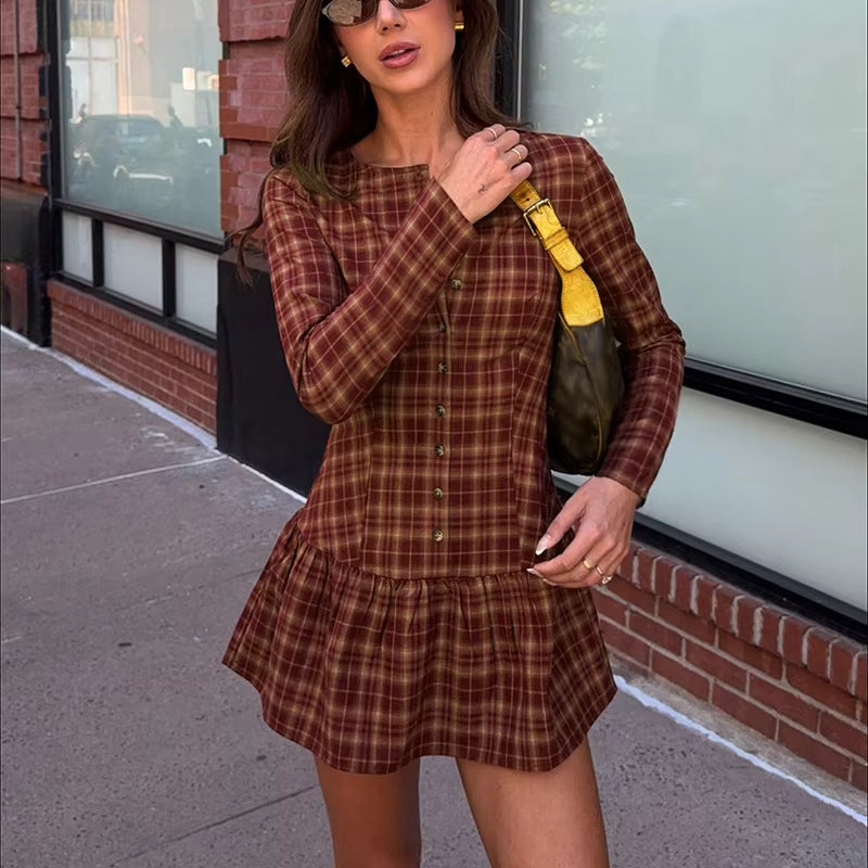 Robe mini Ellie à manches longues et carreaux