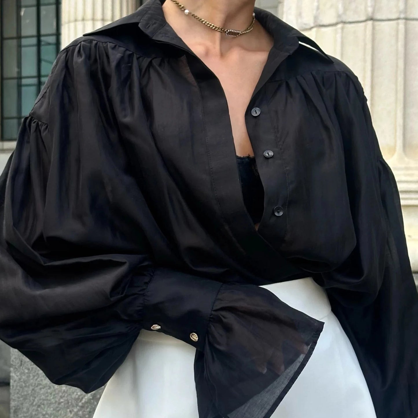 Chemise oversize Celeste à liens ruban et manches bouffantes