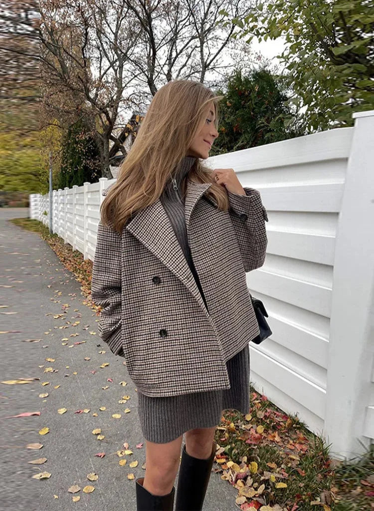 Veste Emilia à col montant boutonné motif pied-de-poule