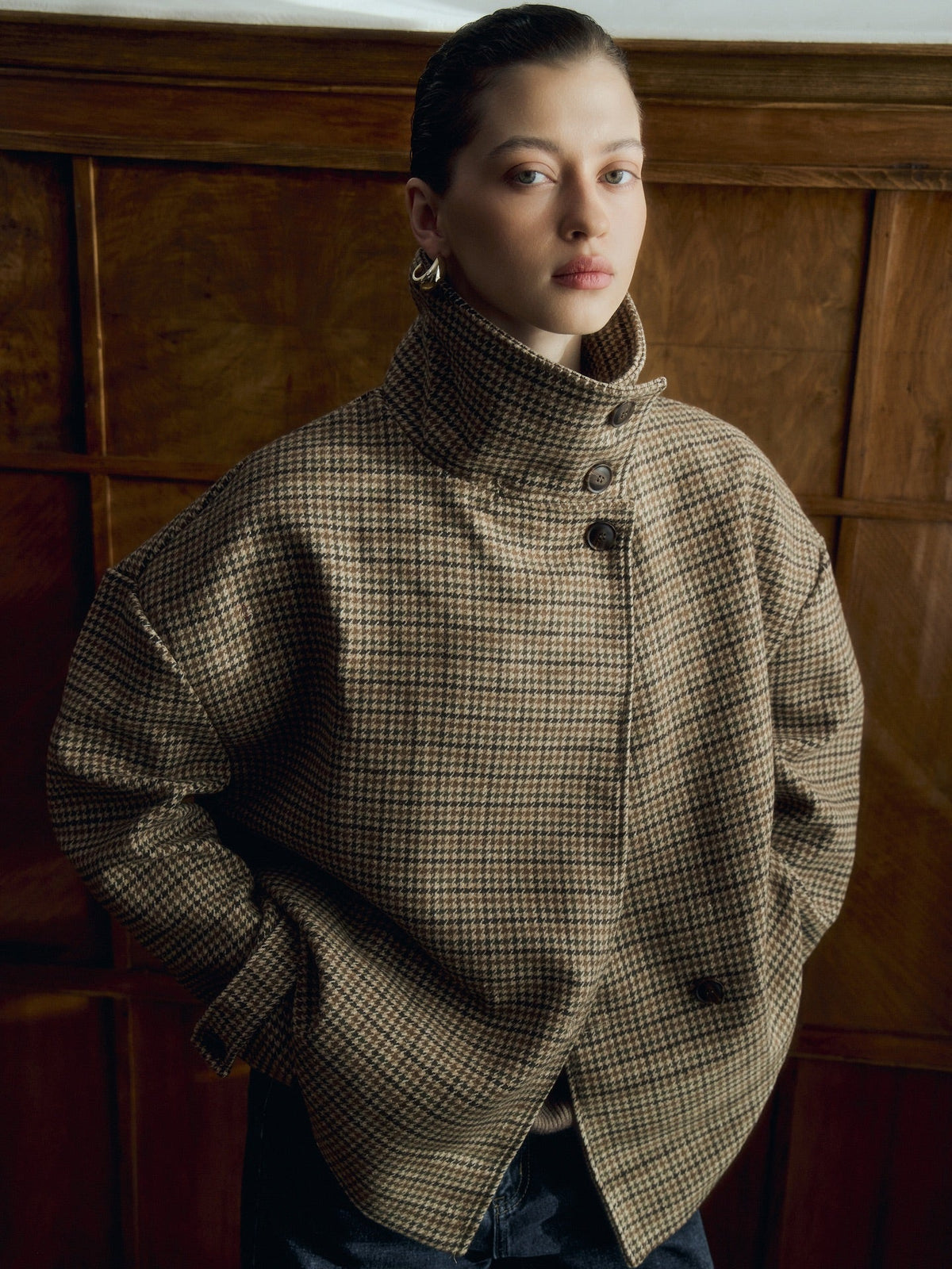 Veste courte à col montant motif pied-de-poule Amy