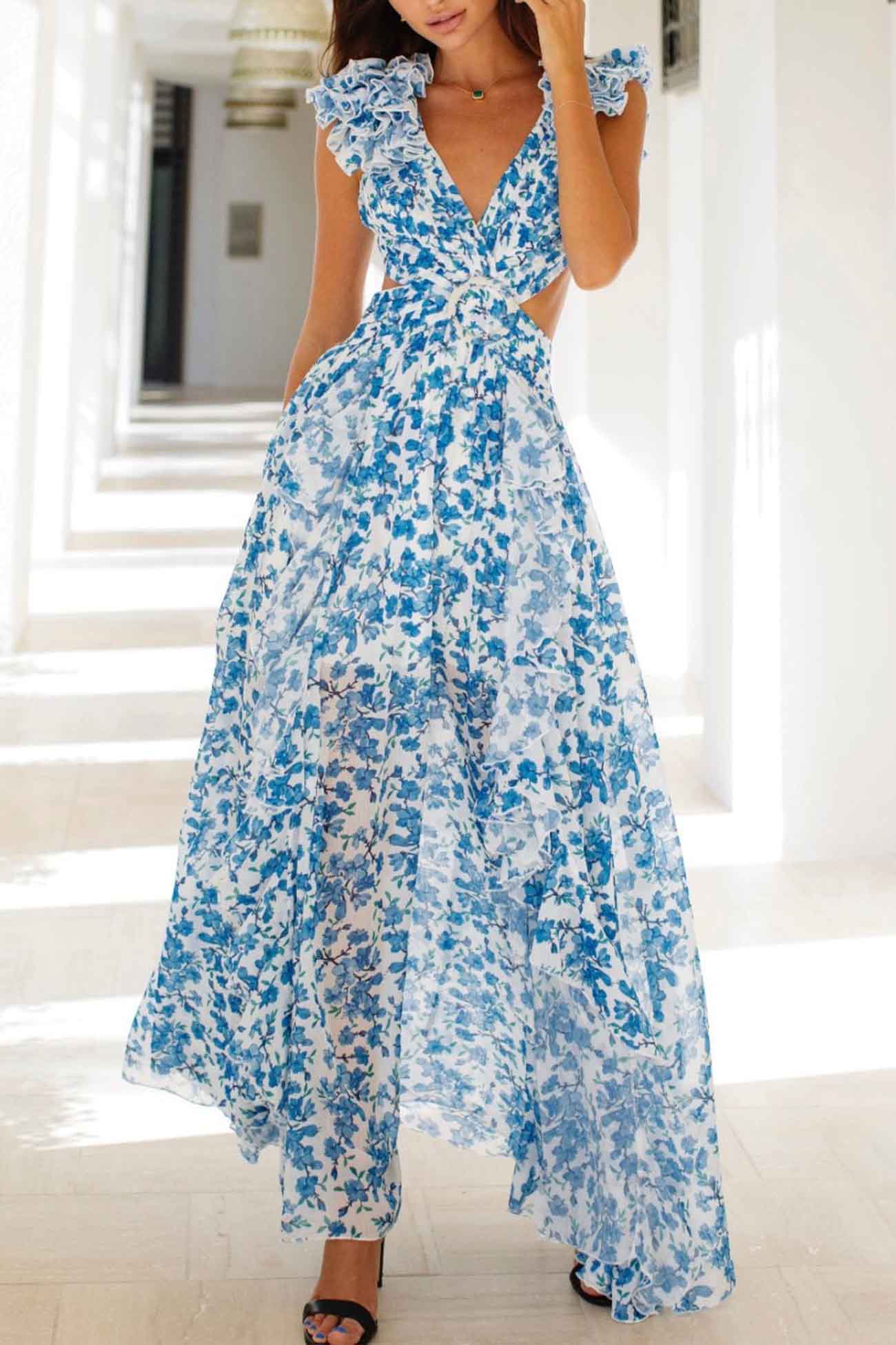 Robe longue Katya à fleurs avec manches à volants