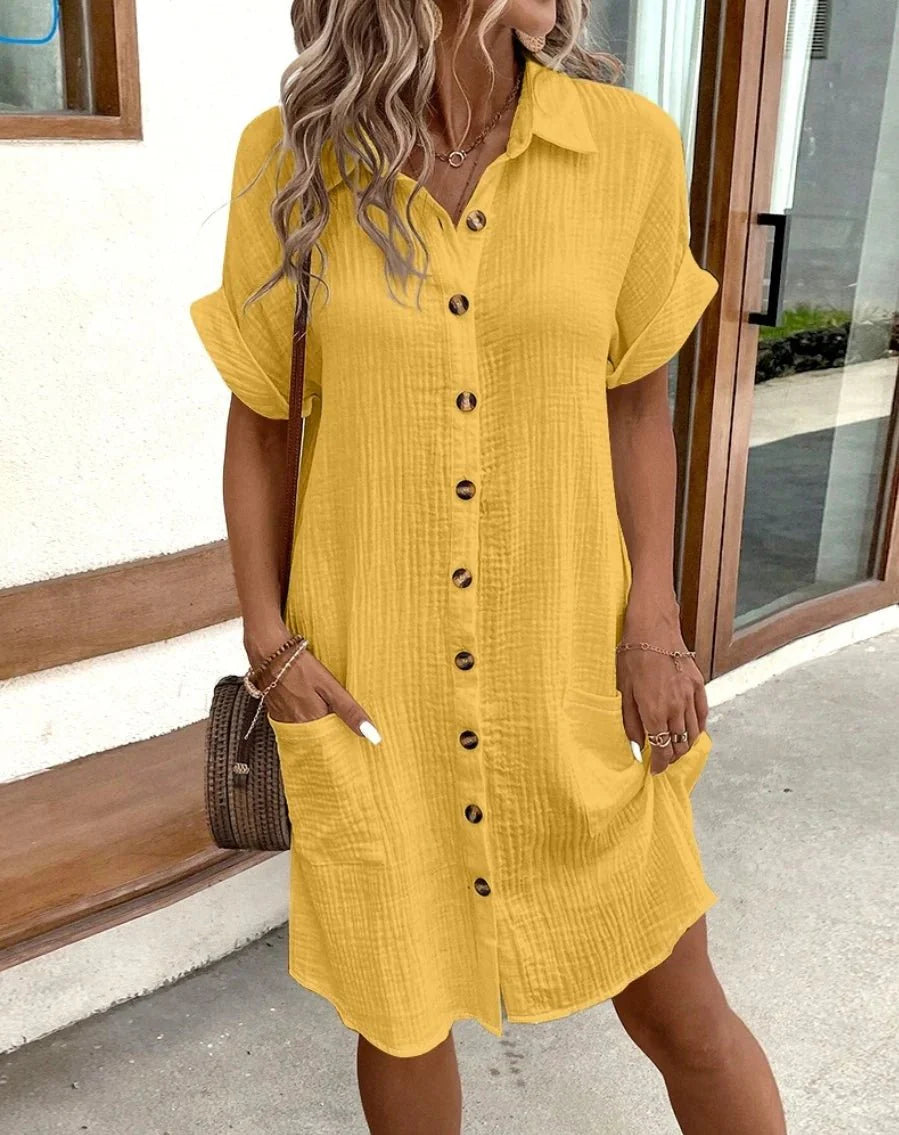 Robe courte en coton et lin à col en V Themis