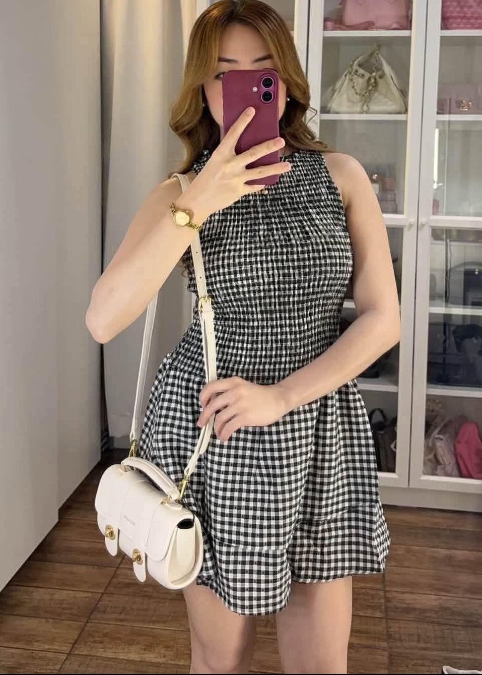 Robe courte à carreaux Linda avec smocks