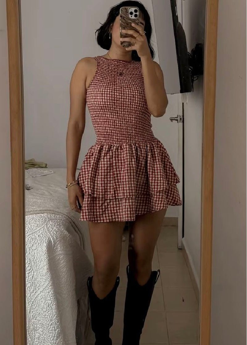 Robe courte à carreaux Linda avec smocks