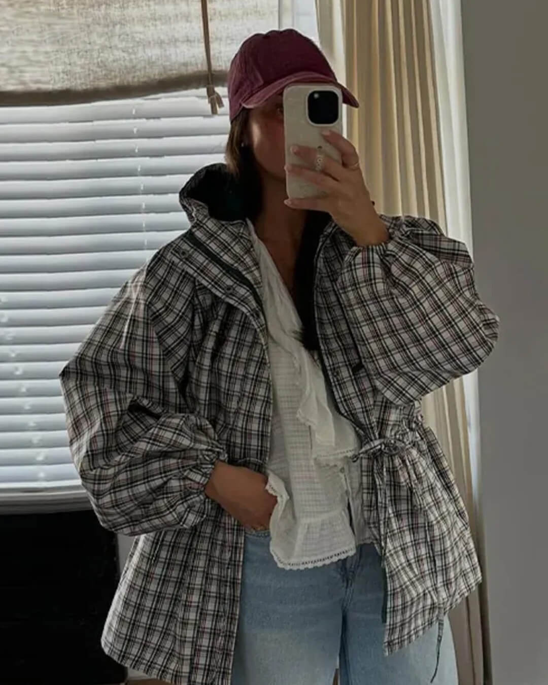 Veste à capuche rétro à carreaux Gina