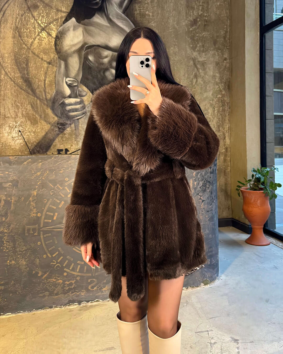 Eva Manteau Ceinturé en Fourrure Synthétique
