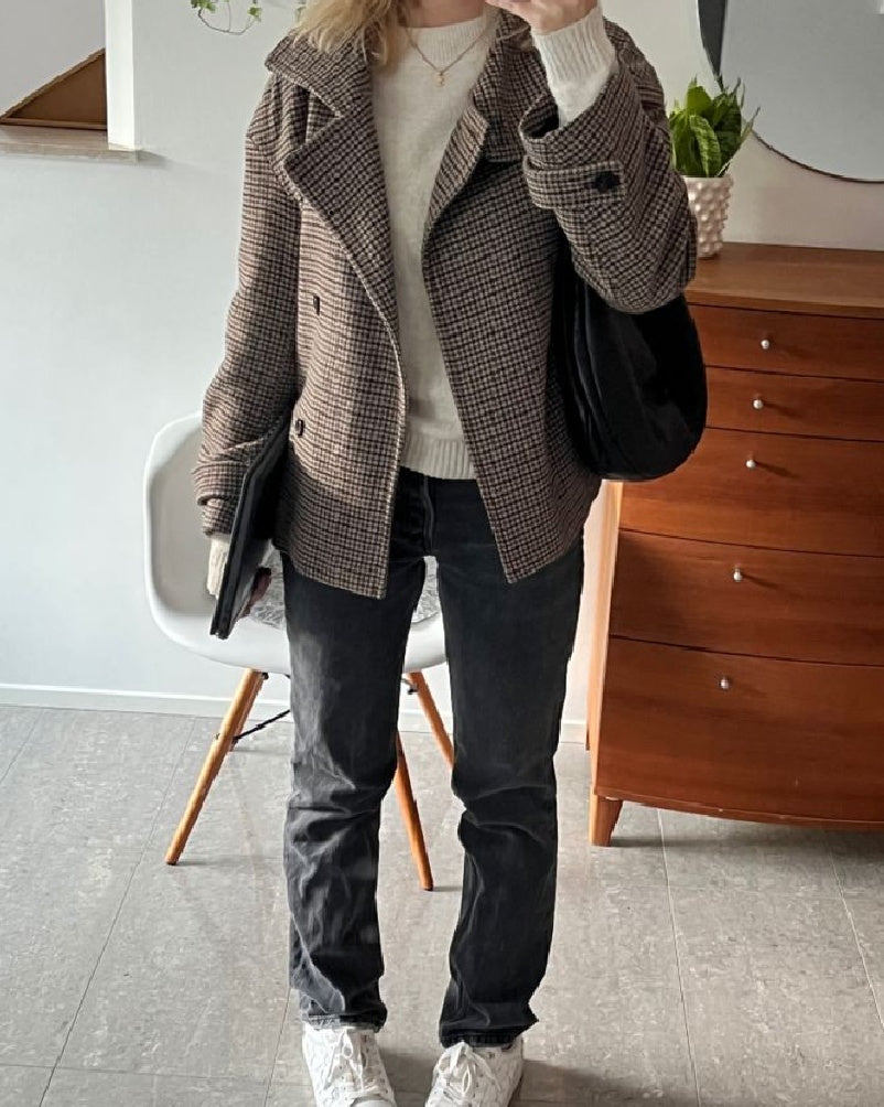 Veste Emilia à col montant boutonné motif pied-de-poule