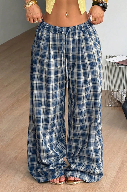 Pantalon Jessica large à carreaux et cordon