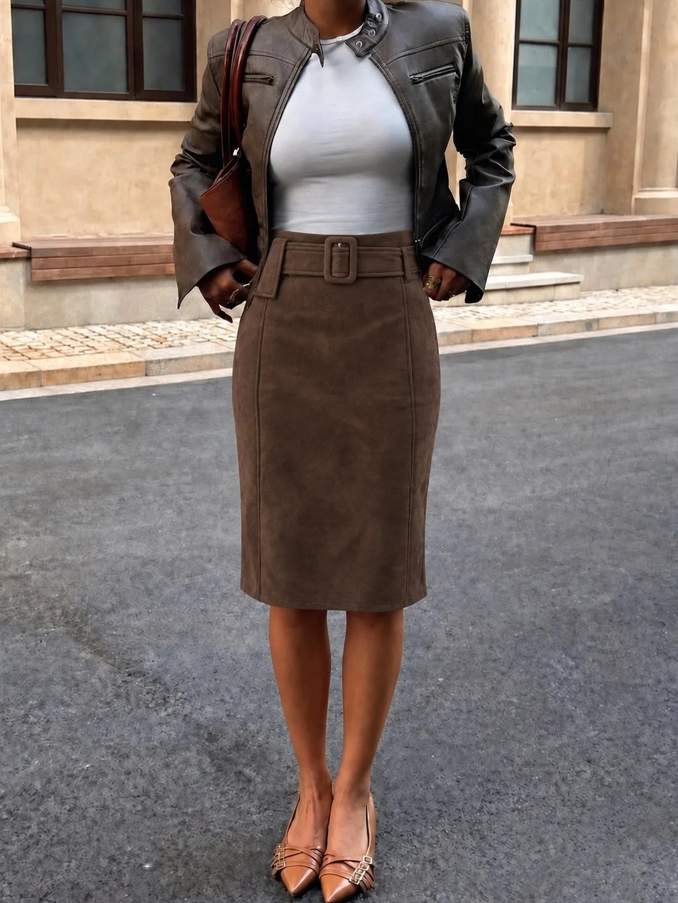 ZEYA Clara Belted Faux Suede Midi Skirt