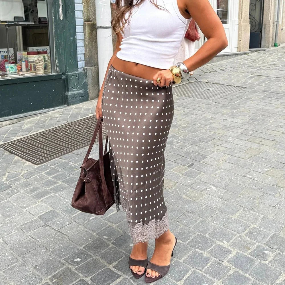 Jupe midi Rosemary à pois avec bordure en dentelle