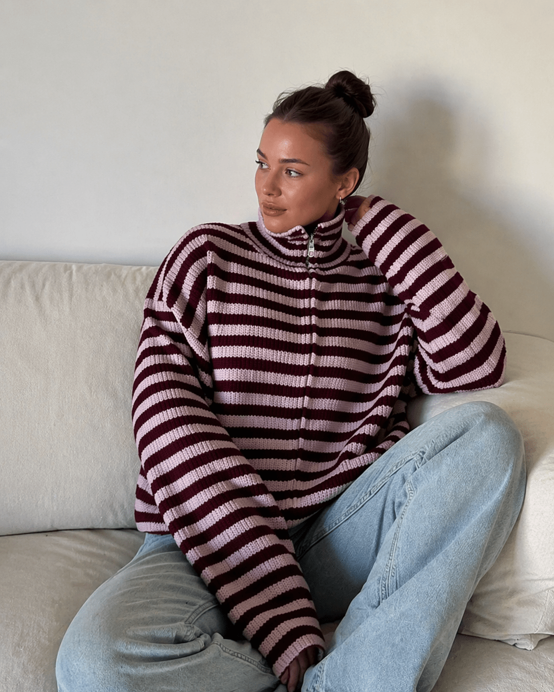 Pull à col montant en maille rayée Leah