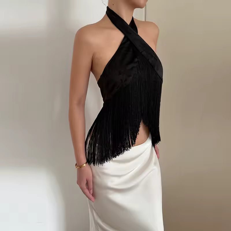 Top halter Gina en satin à franges