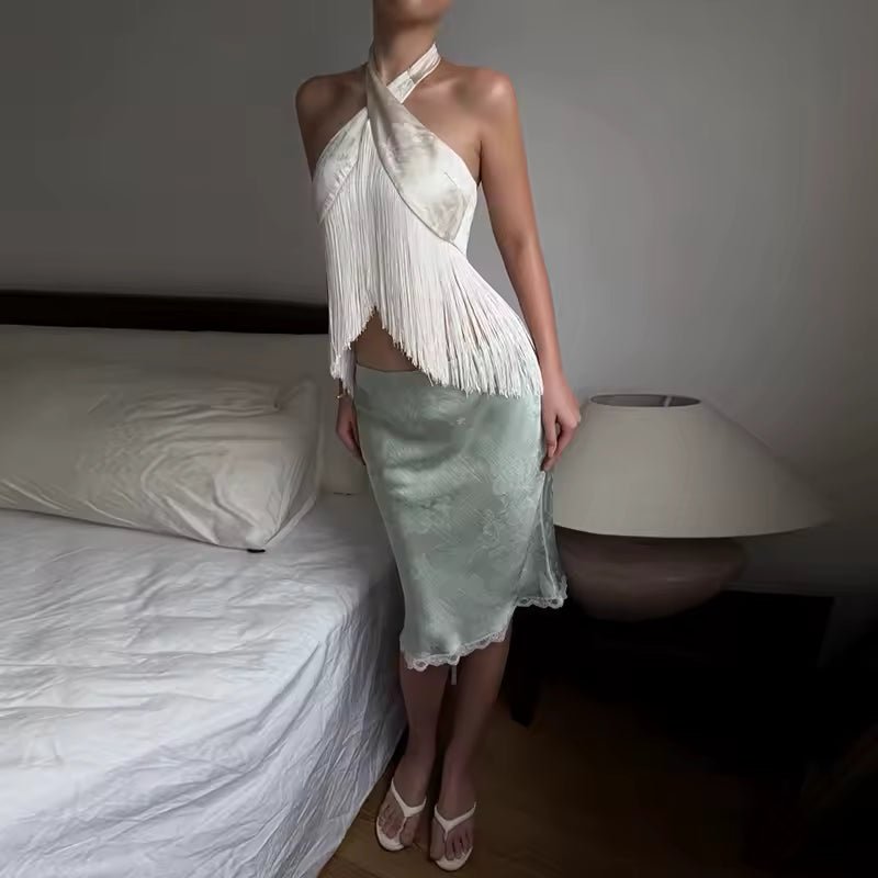 Top halter Gina en satin à franges