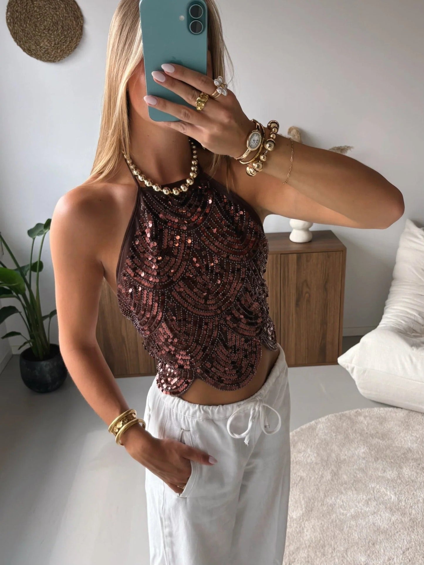 Top dos nu à sequins Valerie