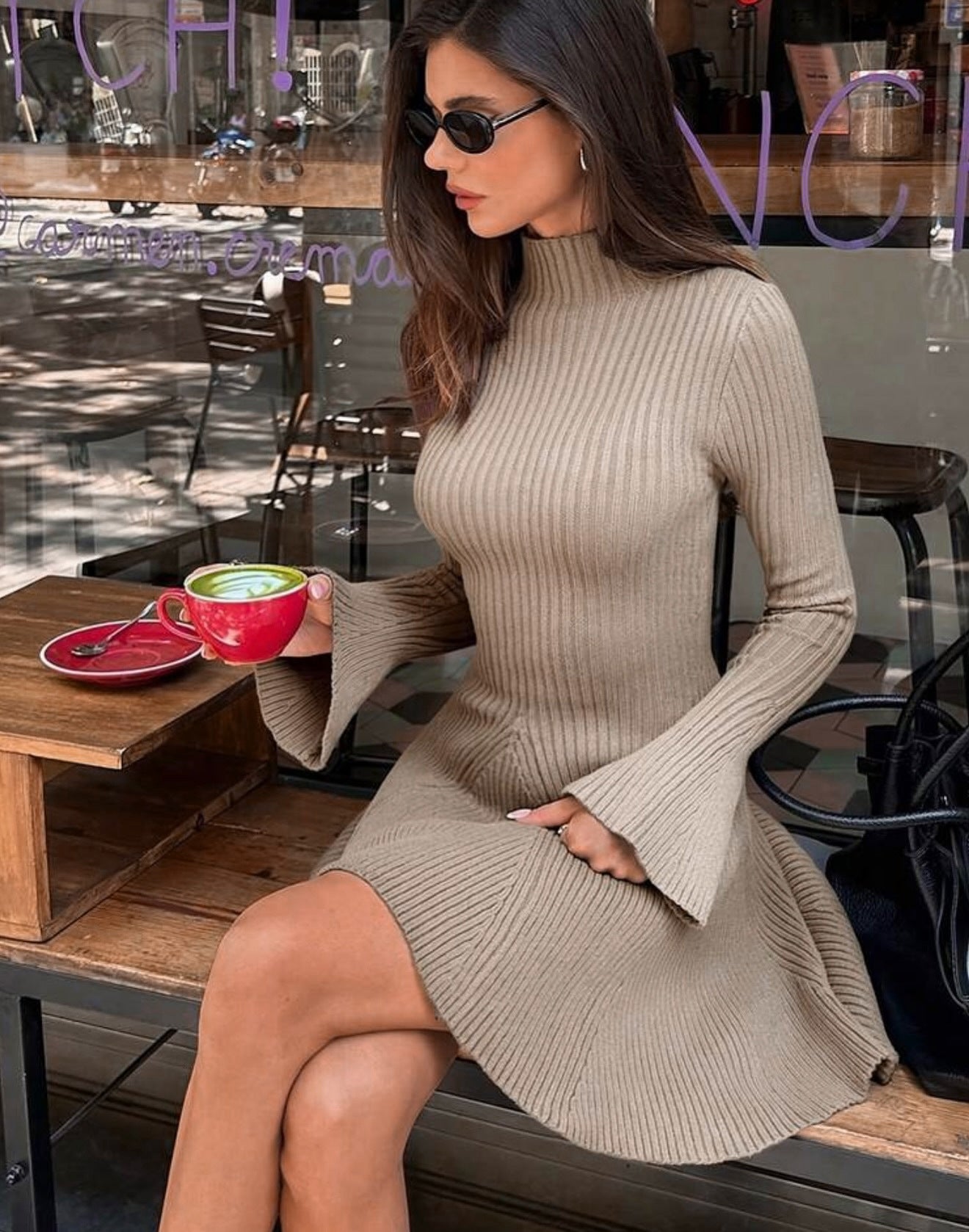 ZEYA - Anna Bell Sleeve Ribbed Knit Sweater Dress