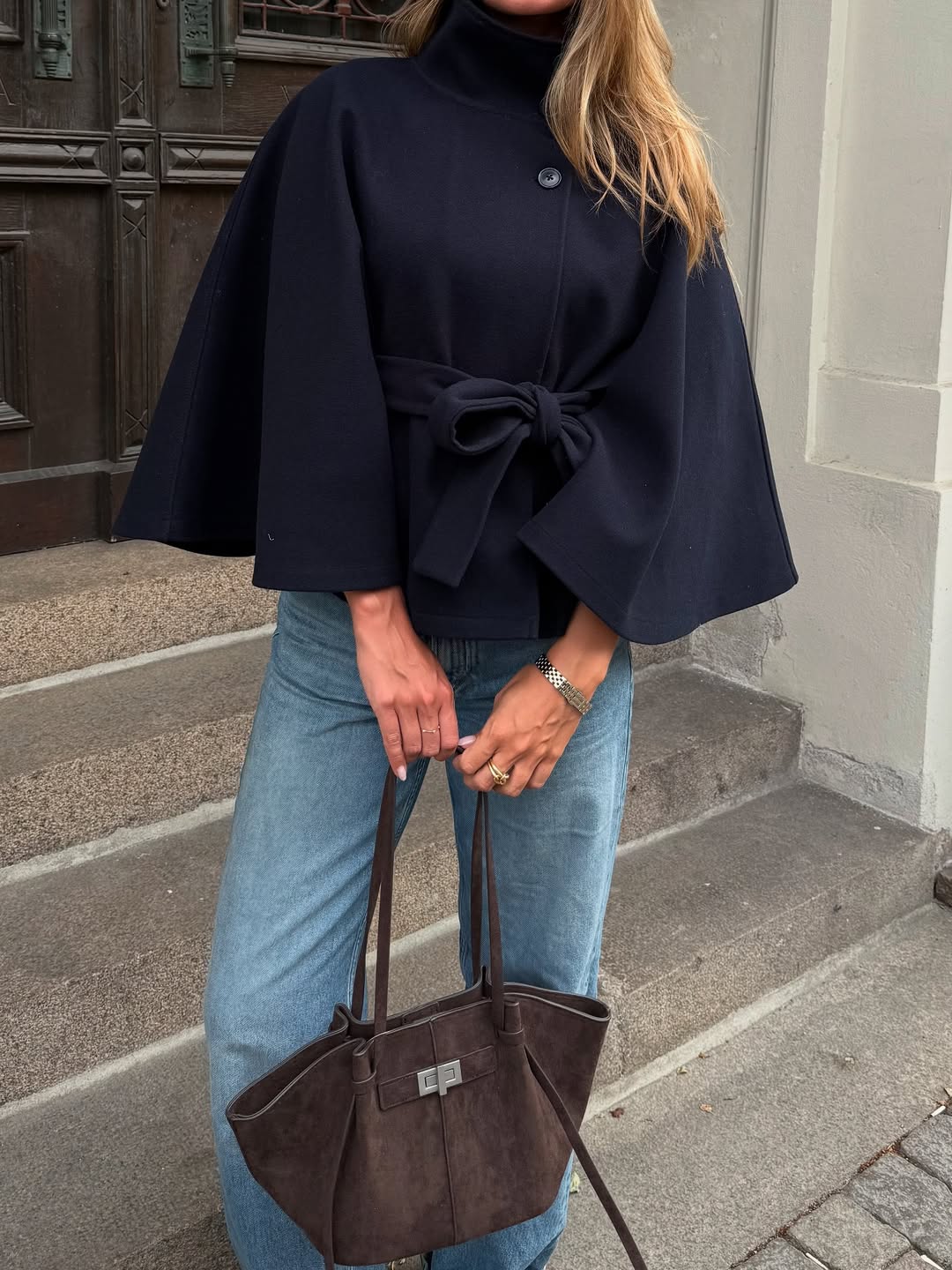 ZEYA - Arianne Elegant High - Neck Belted Cape Jacket