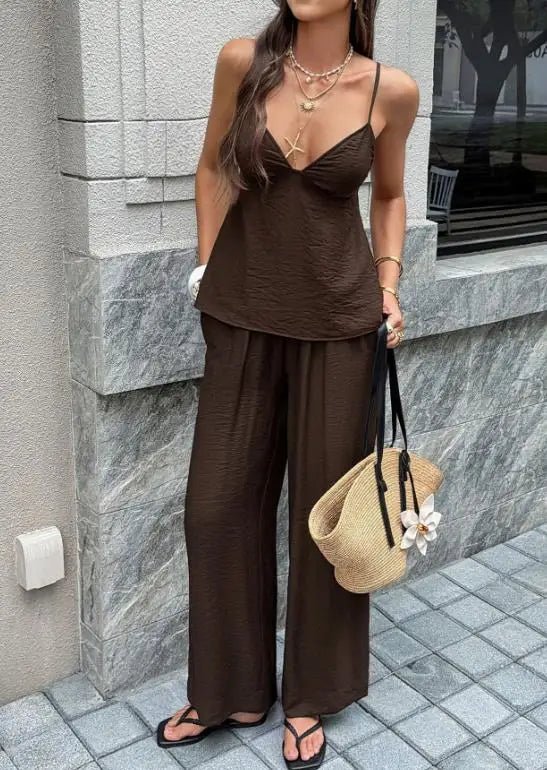 ZEYA - Aurore Deep V - Neck Cami & Wide Leg Pants Set