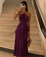 Robe longue Bayley à volants plissés et col halter