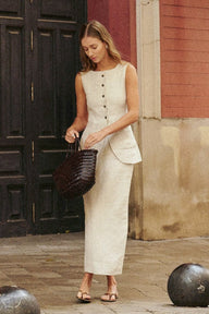 Ava Gilet Lin Jupe Taille Haute Ensemble