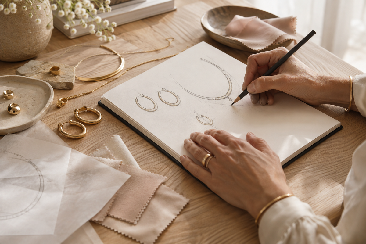 Illustration générée par IA de mains dessinant des bijoux sur un établi.