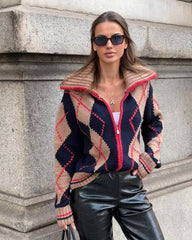 Cardigan zippé en maille côtelée à motif Argyle Lara