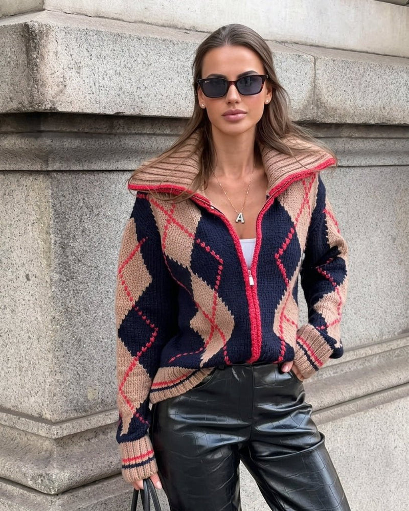 Cardigan zippé en maille côtelée à motif Argyle Lara