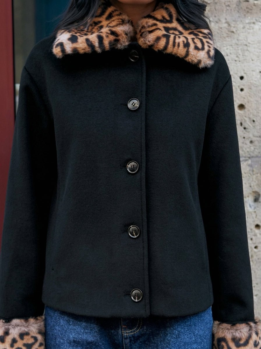 ZEYA - Lily Leopard Faux Fur Trim Button-Up Jacket