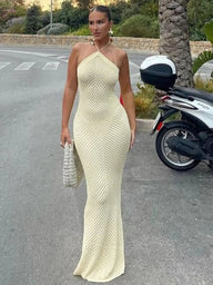 Robe longue Mariel à rayures et col halter en maille