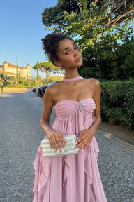 Robe longue Nela sans bretelles à volants