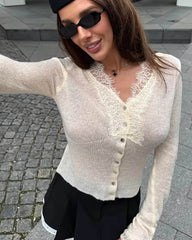 Cardigan en dentelle tricoté olive