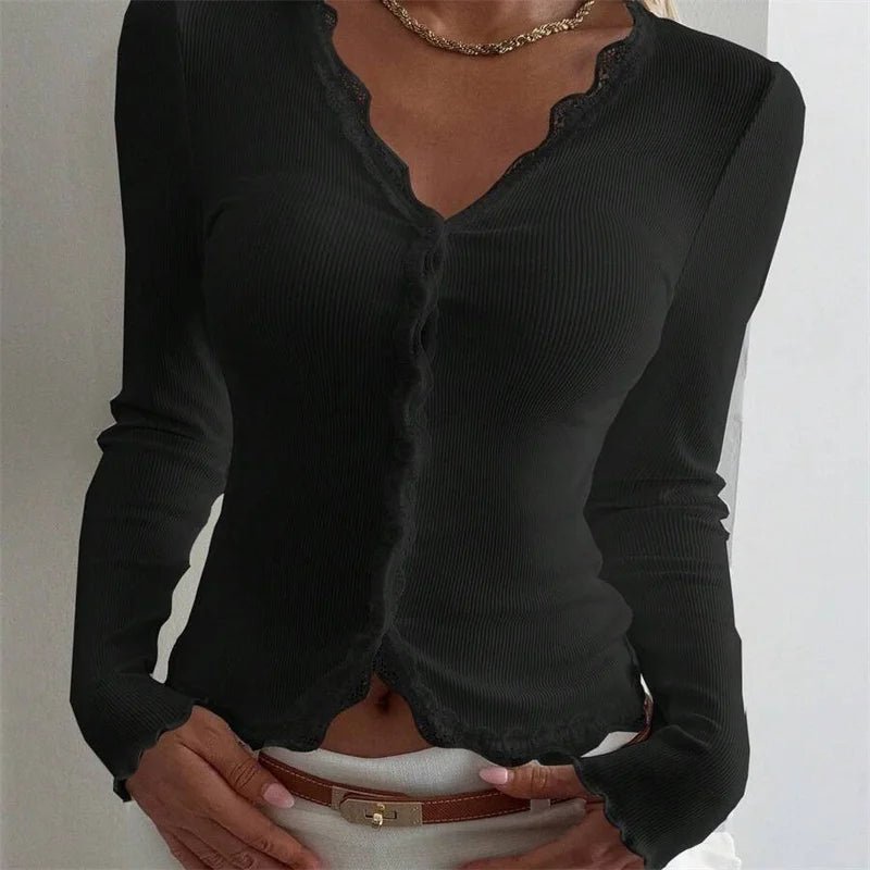 ZEYA - Sabine Ribbed Lace Trim V-Neck Blouse