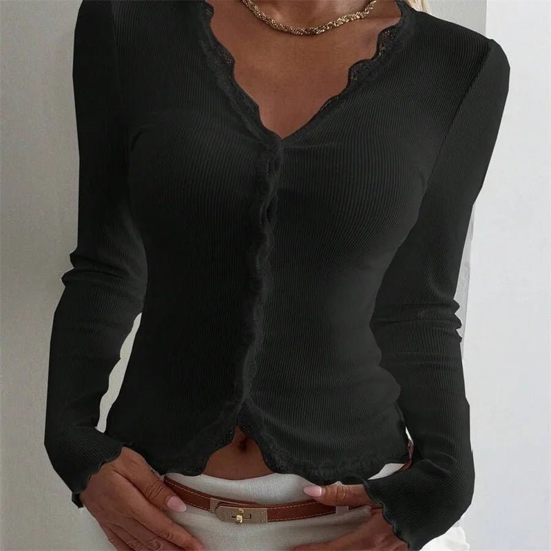 ZEYA - Sabine Ribbed Lace Trim V - Neck Blouse