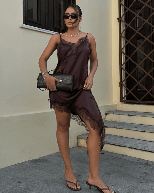 ZEYA - Sophia Asymmetric Satin Lace Midi Dress