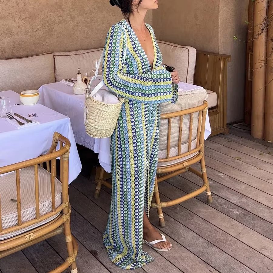 ZEYA - Sophia Crochet Stripe Flare Sleeve Maxi Dress