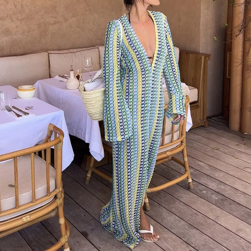 Sophia robe maxi rayée en crochet à manches évasées